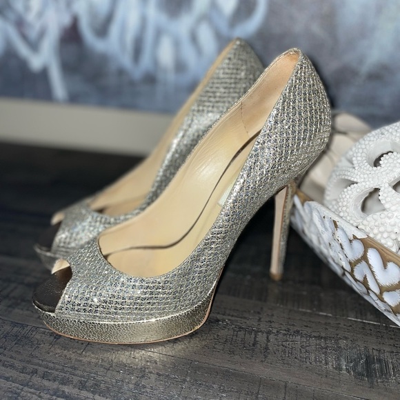Jimmy Choo Glitter Fabric Champagne Crown Pumps - Picture 5 of 10